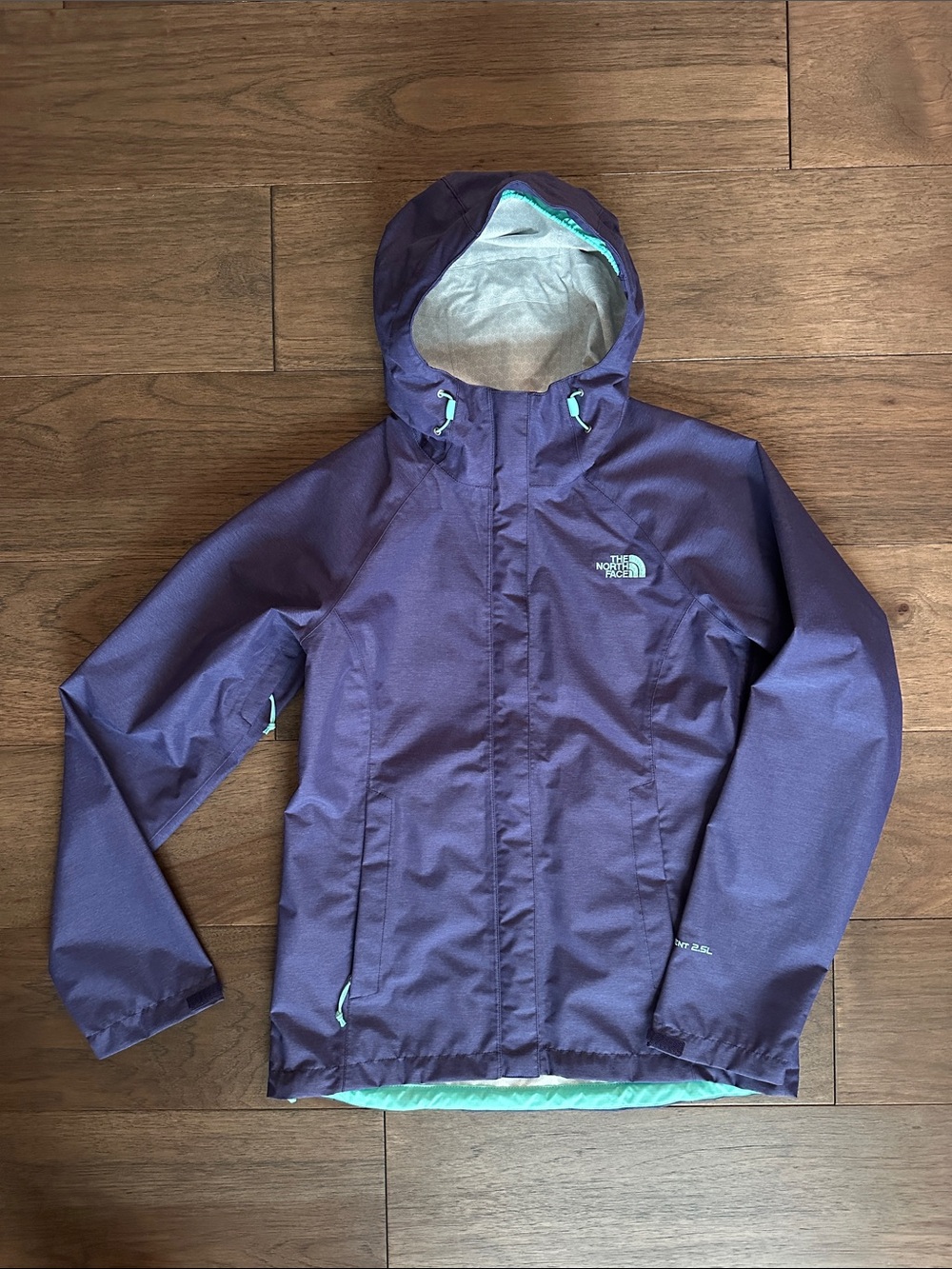 The North Face Women’s HyVent 2.5L Purple Hooded Rain Jacket with Teal Accents
